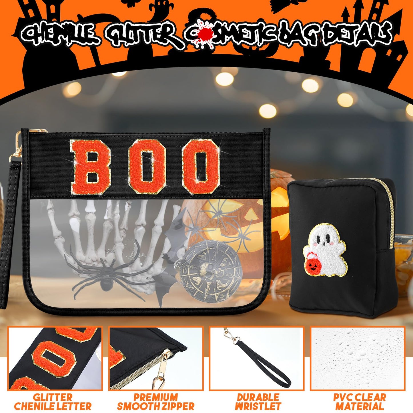 Hillban 2 Pcs Summer Halloween Gifts Chenille Letter Bags Boo Patch Makeup Bag Spooky Pumpkin Flat Clear Pouch PVC Organizer Purse Waterproof Travel Cosmetic Bag Portable Storage Case for Women