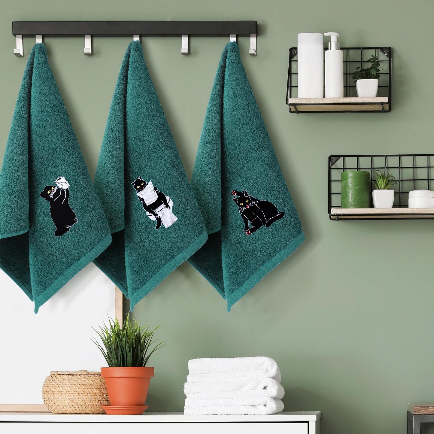 FuWeave 3 Pcs Cat Hand Towels for Bathroom Decor Funny Embroidered Black Cat Halloween Decorative Dark Green Bath Dish Towels for Bathroom Kitchen Decor, 100% Cotton, 13.3 x 29.5''