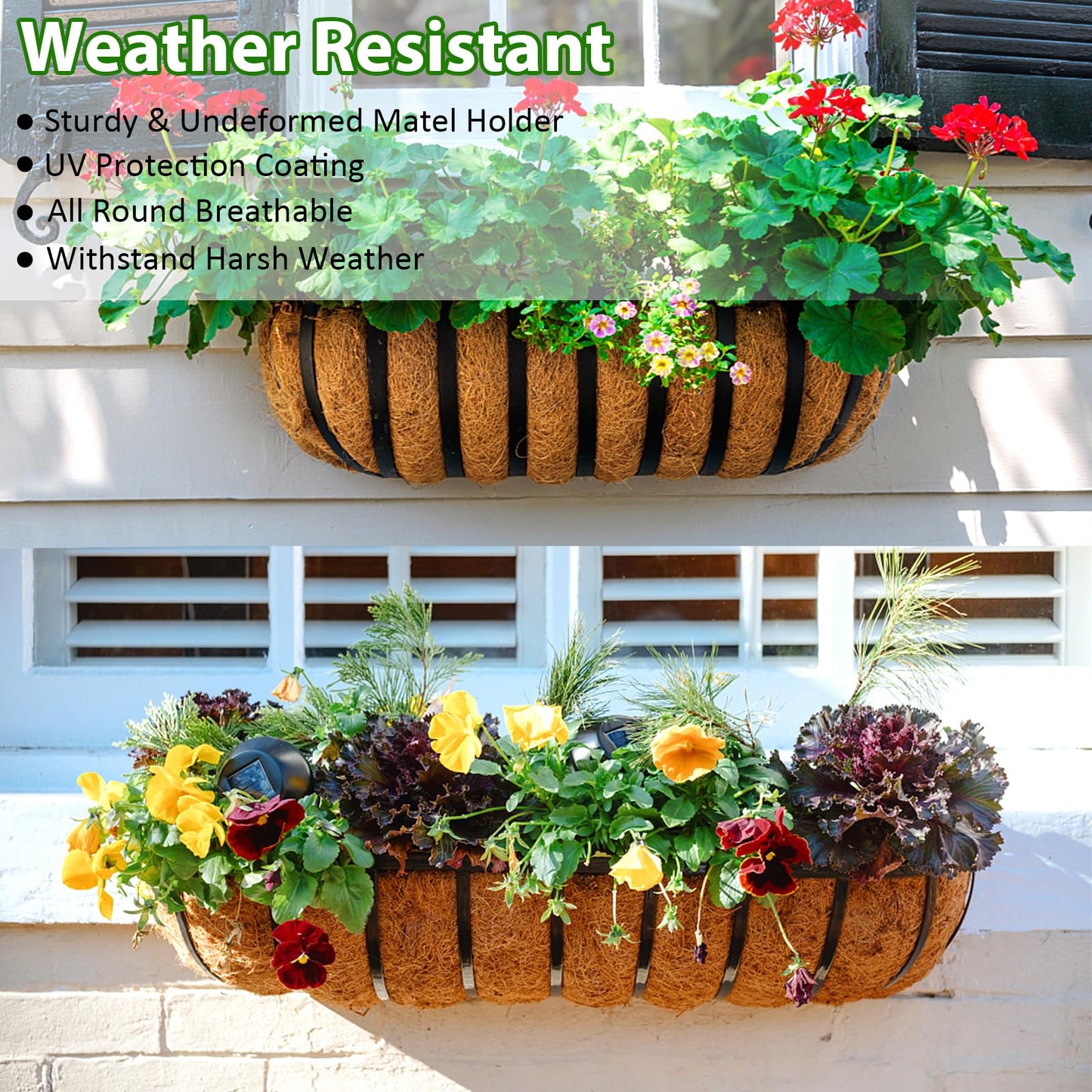 LCHUANG Railing Planter Window Box - 4 Pack 24 Inch Deck Balcony Rail Planter with Coconut Coir Liner, Fence Metal Hanging Flower Basket Deck Railing Planter Boxes for Outdoor Garden
