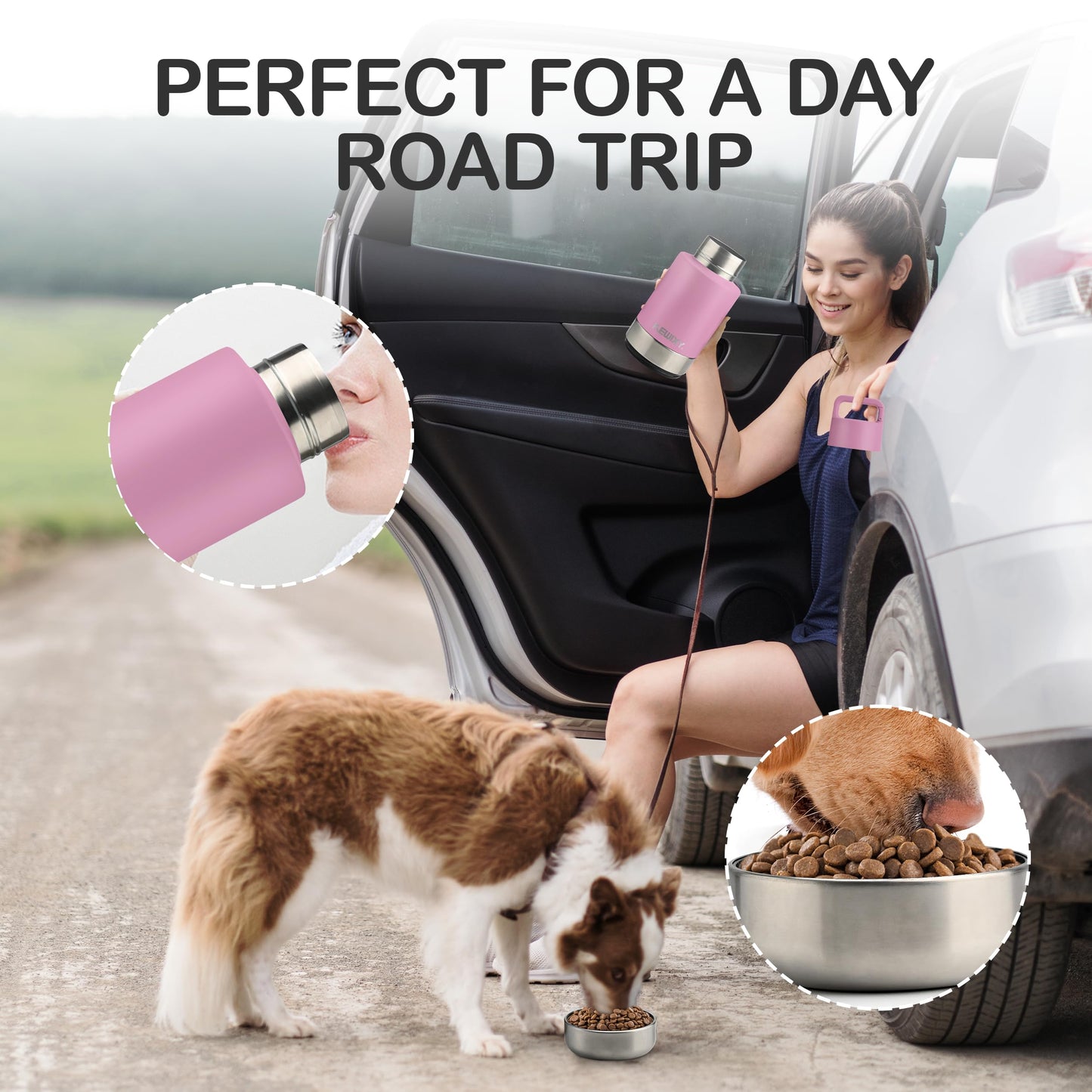 KEWIXY Insulated Dog Travel Water Bottle With Detachable Bowls, 3 In 1 Portable Dog Water Bottle Dispenser, Dog Accessories For Walking, Hiking, Camping, Outdoor (Pink-purple, 32 Oz)