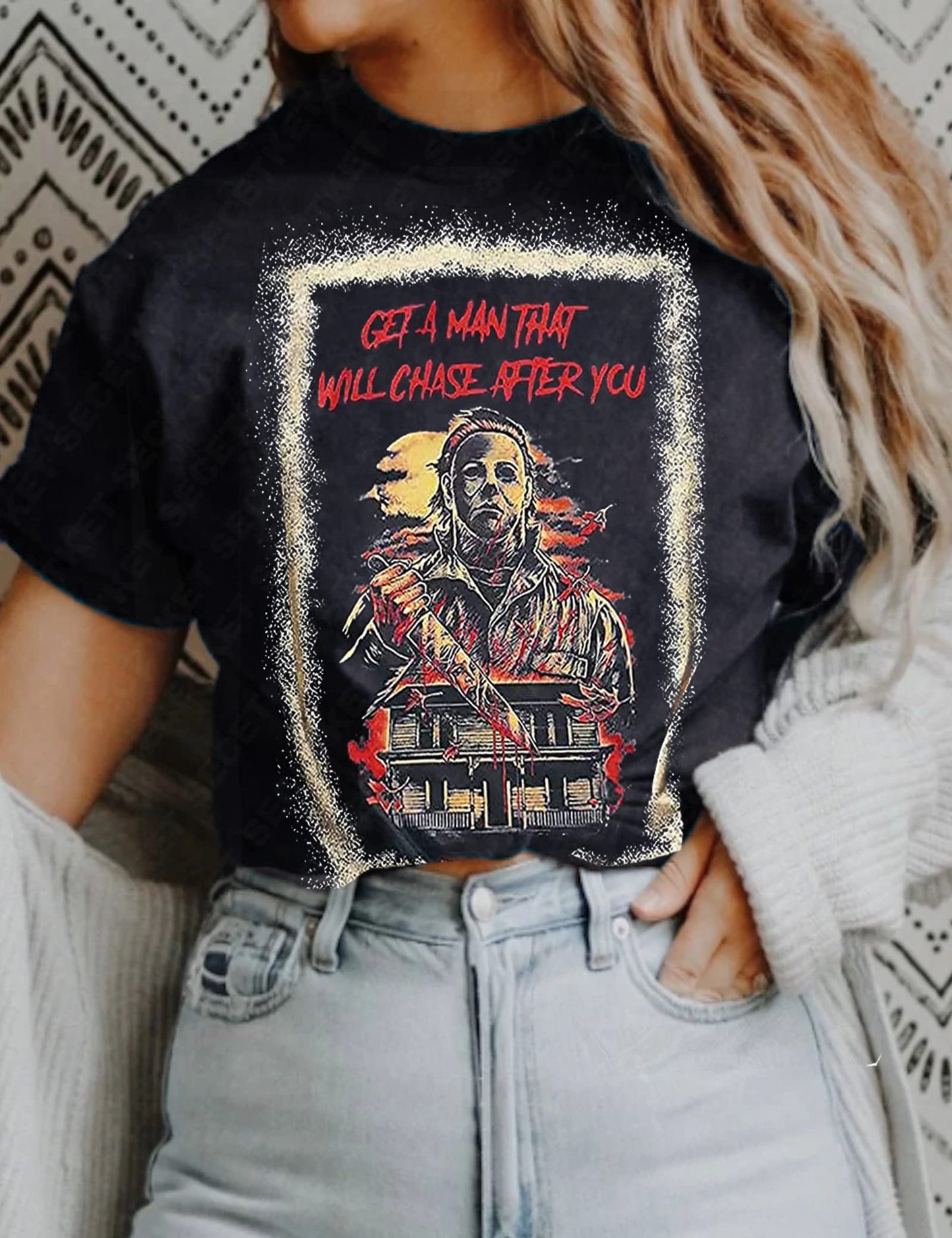 Get A Man That Will Chase After You Halloween Bleached Shirt Women Horror Scary Movies Michael Myers Jason Graphic Tees (Black, X-Large)