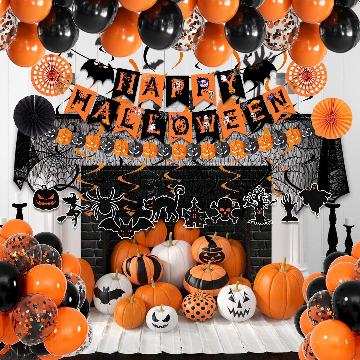 Happy Halloween Trick or Treat Banner Paper Fan Balloons & Swirl Streamers Goul Bat Cat Bird Ghost Pumpkin Lantern for Party Decorations