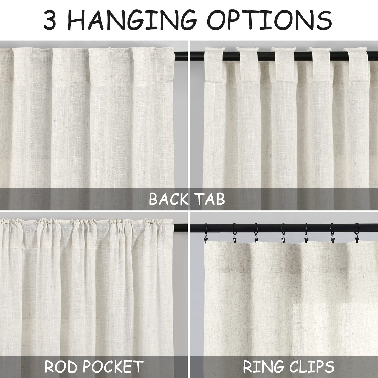 Cream Linen Back Tab Curtains 84 Inch Length for Living Room 2 Panel Set Neutral Modern Farmhouse Window Privacy Semi Sheer Linen Drapes Rustic Pinch Pleated Look Curtain Natural Ivory Colored
