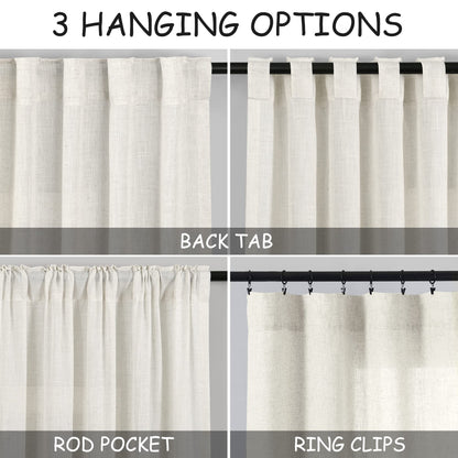 Cream Linen Back Tab Curtains 84 Inch Length for Living Room 2 Panel Set Neutral Modern Farmhouse Window Privacy Semi Sheer Linen Drapes Rustic Pinch Pleated Look Curtain Natural Ivory Colored