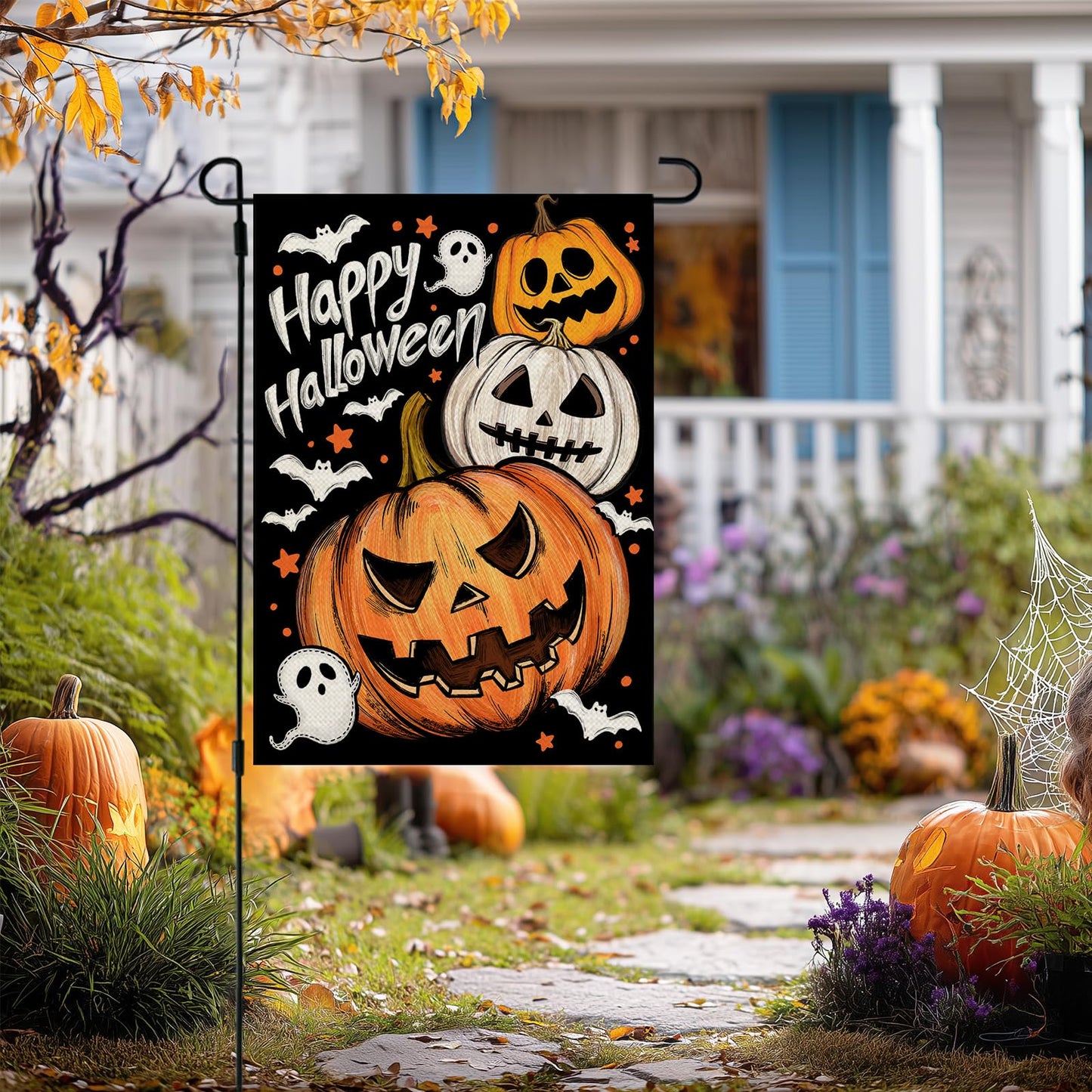 CROWNED BEAUTY Halloween Garden Flag 12x18 Inch Double Sided Jack O Lantern Decoration for Outside CF1884-12