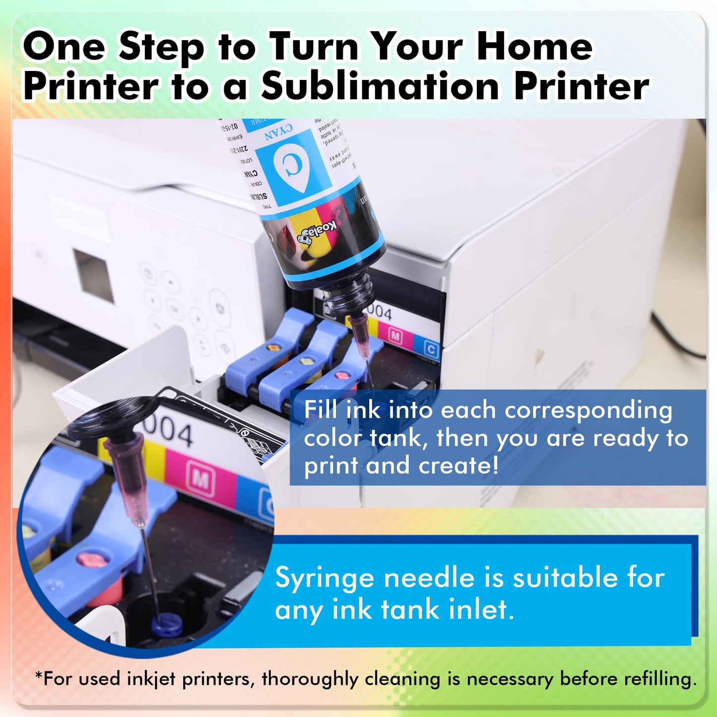 Koala Sublimation Ink Refill Bottle Compatible with ET-2720 ET-2760 ET-2800 ET-2803 ET-2850 ET-3760 WF-7710 WF-7720 C68 C88 for Heat Transfer on Mugs, Polyester Shirts, Mat, etc