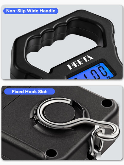 HEETA Fish Scale, 110lb/50kg Digital Portable Hanging Fishing Weight Scale with Backlit LCD Display, Luggage Scale with Non-Slip Large ABS Handle & 2 AAA Batteries, Fishing Gifts Gear for Men, Black