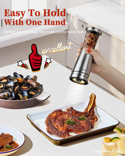 Electric Salt and Pepper Grinder Set with Storage Base, Stainless Steel Rechargeable Salt and Pepper Grinder Set with 4.5 oz Large Capacity, 1.8" Wide Mouth, Adjustable Coarseness, Ideal for Kitchen