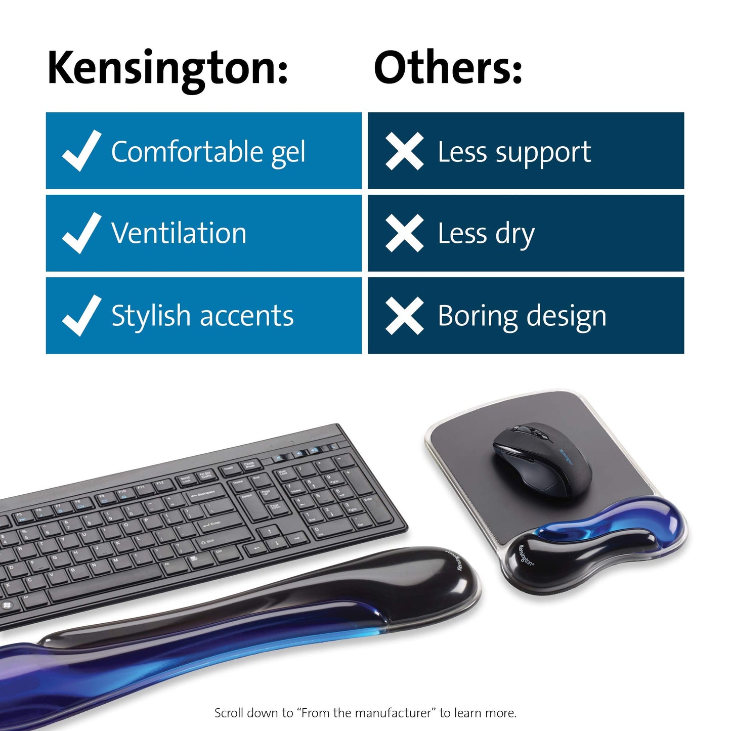 Kensington Duo Gel Mouse & Keyboard Wrist Rest Bundle Set, Ergonomic Keyboard and Mouse Pad With Wrist Support, Keyboard Wrist Rest, Computer Keyboard Pad, Cooling Gel, Non-Skid Backing, Blue K52920WW