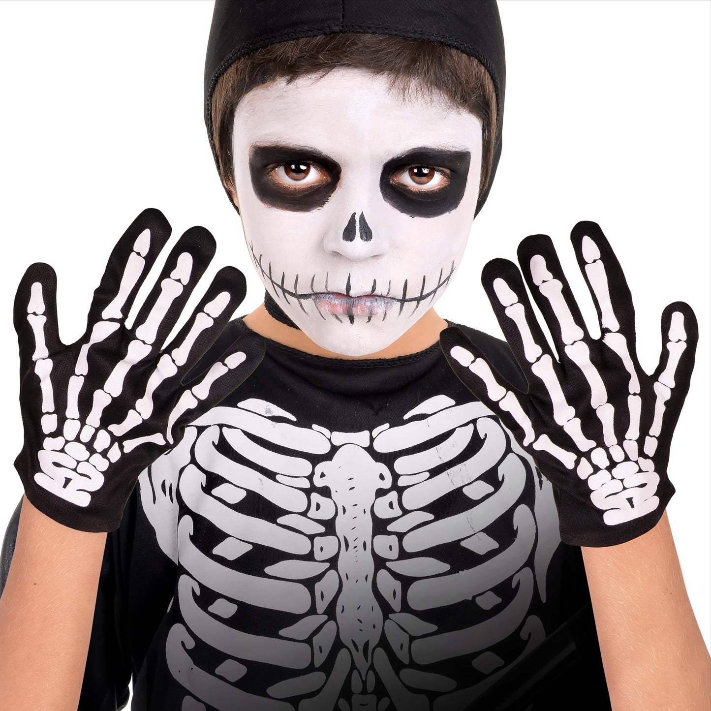 Kangaroo Skeleton Gloves - Skull Hands Gloves for Kids - Bone Reaper Ghost Halloween Apparel Accessories - White Printed Black Skeleton Gloves
