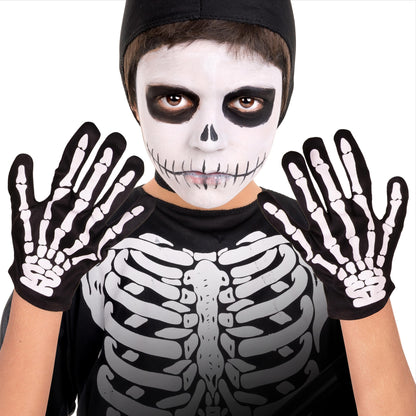 Kangaroo Skeleton Gloves - Skull Hands Gloves for Kids - Bone Reaper Ghost Halloween Apparel Accessories - White Printed Black Skeleton Gloves