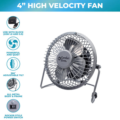 Comfort Zone 4-inch All-Metal Desk Fan with USB or Power Cord, Single Speed, 360 Degree Adjustable Tilt, Compact & Durable Mini Electric Fan for Home, Office or Travel Use, Silver