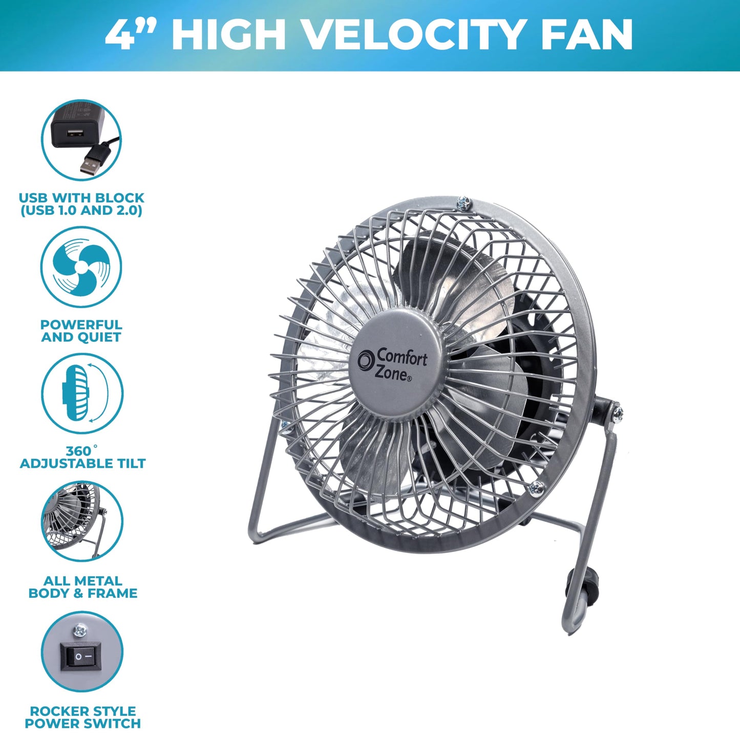 Comfort Zone 4-inch All-Metal Desk Fan with USB or Power Cord, Single Speed, 360 Degree Adjustable Tilt, Compact & Durable Mini Electric Fan for Home, Office or Travel Use, Black