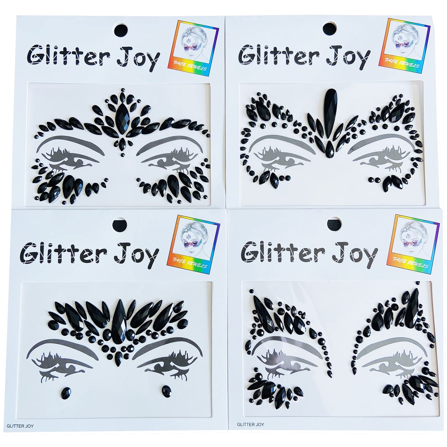 Face Gems Jewels, Festival Face Jewels Tattoo Stickers,Face Gems Stick on, Body Gem Stones Temporary Face Tattoos for Festival,4-Pack, Black