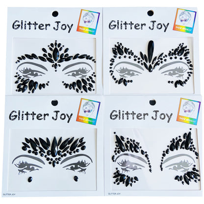 Face Gems Jewels, Festival Face Jewels Tattoo Stickers,Face Gems Stick on, Body Gem Stones Temporary Face Tattoos for Festival,4-Pack, Black