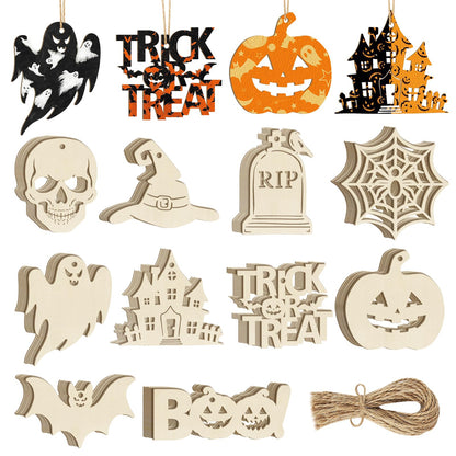 80PCS Wooden Halloween Ornaments to Paint Fall Decorations,10 Styles DIY Blank Autumn Unfinished Wood Skull Pumpkin Ghost Bat Boo Trick or Treat Halloween Cutouts Ornament for Crafts Party Hanging