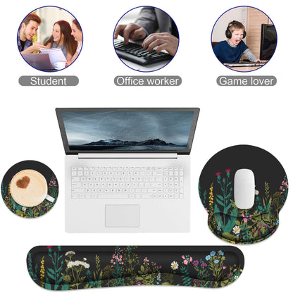 Ergonomic Mouse Pad with Wrist Rest and Keyboard Wrist Rest, Memory Foam Wrist Rest for Computer Keyboard, Easy Typing, Pain Relief, Mouse Pad Wrist Support for Gaming,Office, Laptop, Black Flower