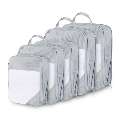 Compression Packing Cubes, 5 Set Packing Cubes for Travel Compression, Lightweight Compressible Package Organizer for Carry On and Suitcases, Light Grey