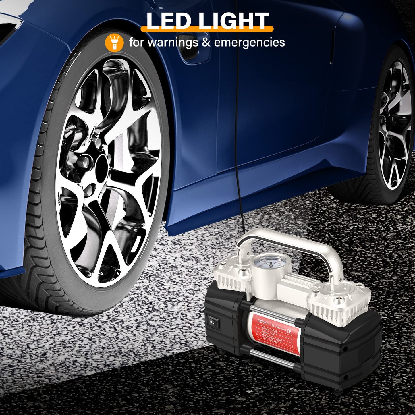 GSPSCN Silver Dual Cylinder 12V Air Compressor Pump for Car, Heavy Duty Portable Tire Inflator 150PSI with LED Work Lights for Auto,Truck,SUV, RV,Balls etc