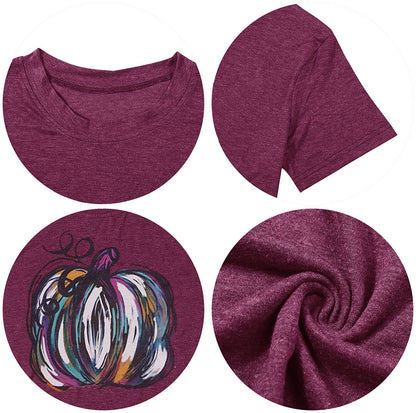 Halloween Pumpkin Shirt Women Fall Graphic Tees Short Sleeve Autumn T-Shirt Thanksgiving Gift Tops (Purple 2, L)