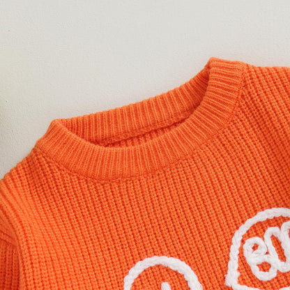 Kuriozud Toddler Baby Boy Girl Halloween Outfit Knit Ghost Boo Pullover Sweater Crewneck Sweatshirt Soft Warm Fall Winter Clothes (Ghost Orange,5-6 Years)