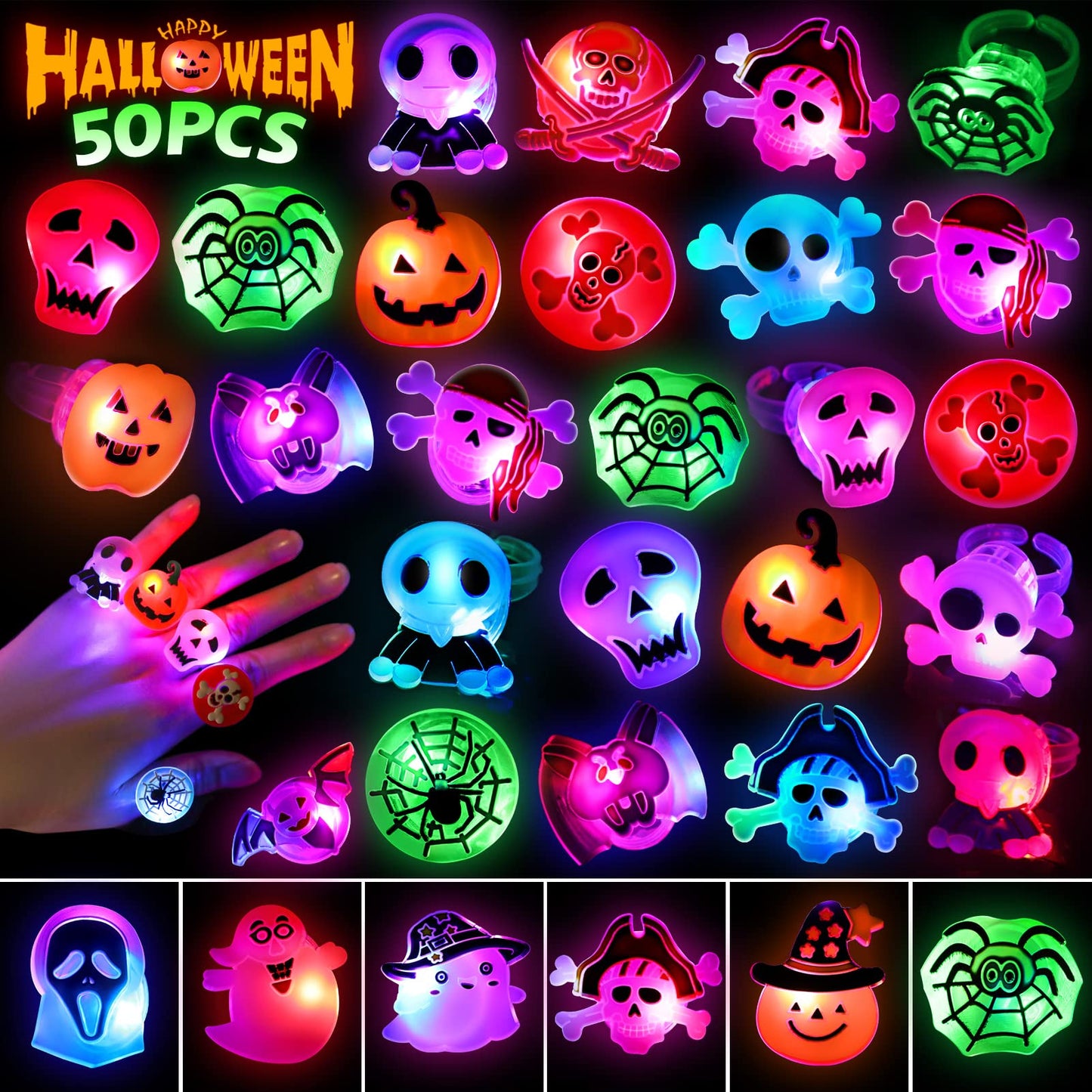 50 Pcs LED Flash Light Up Rings - Halloween Toys for Kids, Party Favors & Goodie Bag Fillers
