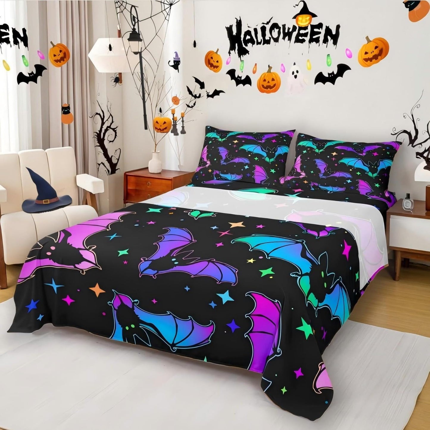 Erosebridal Halloween Bat Bedding Set King Size Glitter Stars Galaxy Bed Sheet Set for Kids Child, Cartoon Gothic Bats Fitted Sheet Halloween Decorations Teal Blue Green Purple