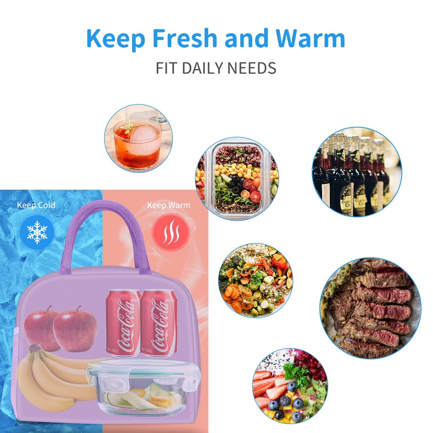 DALINDA Lunch Bag Lunch Box for Women Men Reusable Insulated Lunch Bags for Adults,Leakproof Cute Cooler Lunch Tote Bag, Large Capacity for Work Travel Picnic,Purple