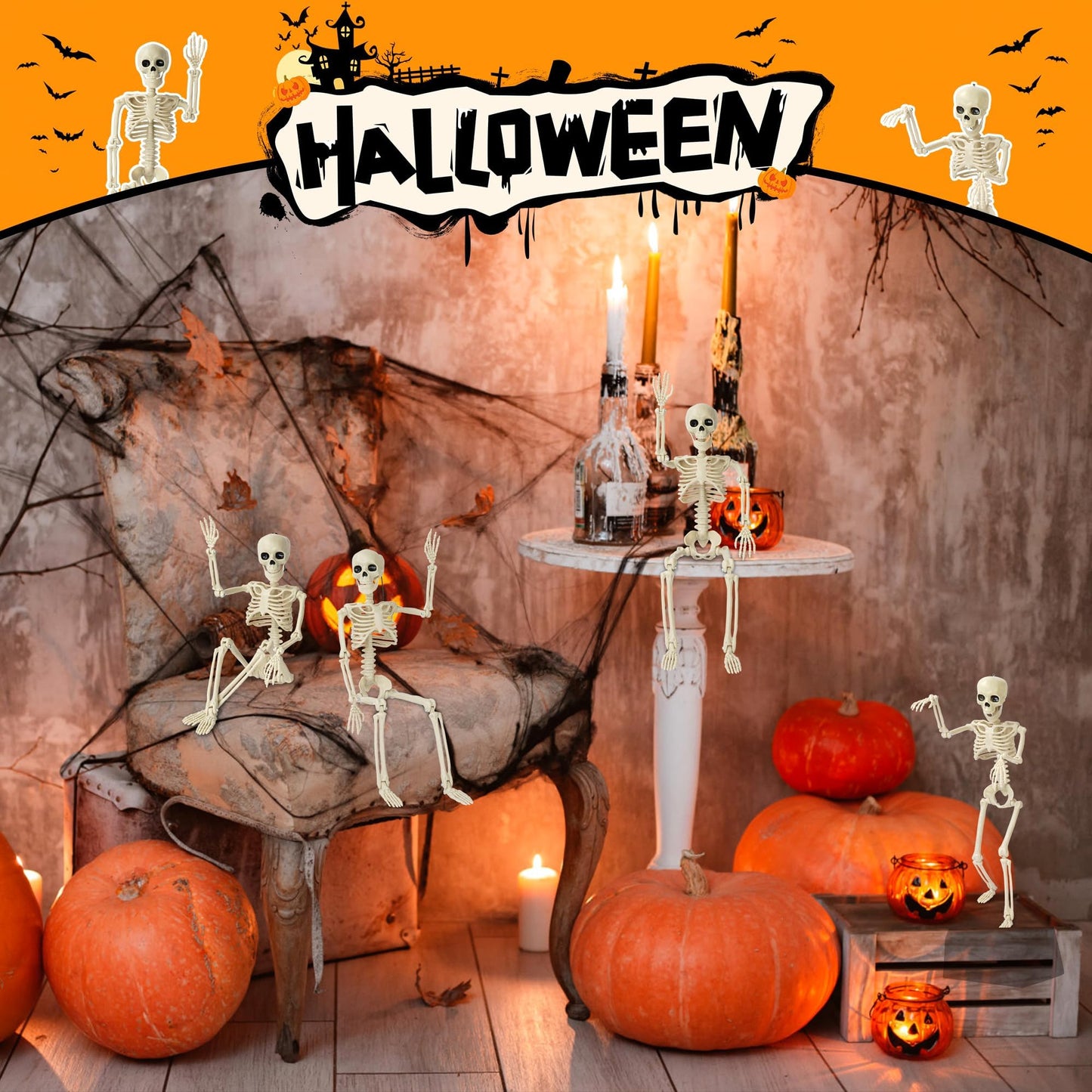 Kelool 2 Pack Halloween Skeleton Decorations,15.7" Spooky Full Body Mini Skeleton with Movable Posable Bones,Spooky Skeleton for Halloween Party Decor,Yard Graveyard Haunted House Props