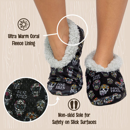 Lazy One Fuzzy Feet Slippers for Women, Cute Fleece-Lined House Slippers, Dead Tired, Sugar Skulls, Halloween, Non-Skid