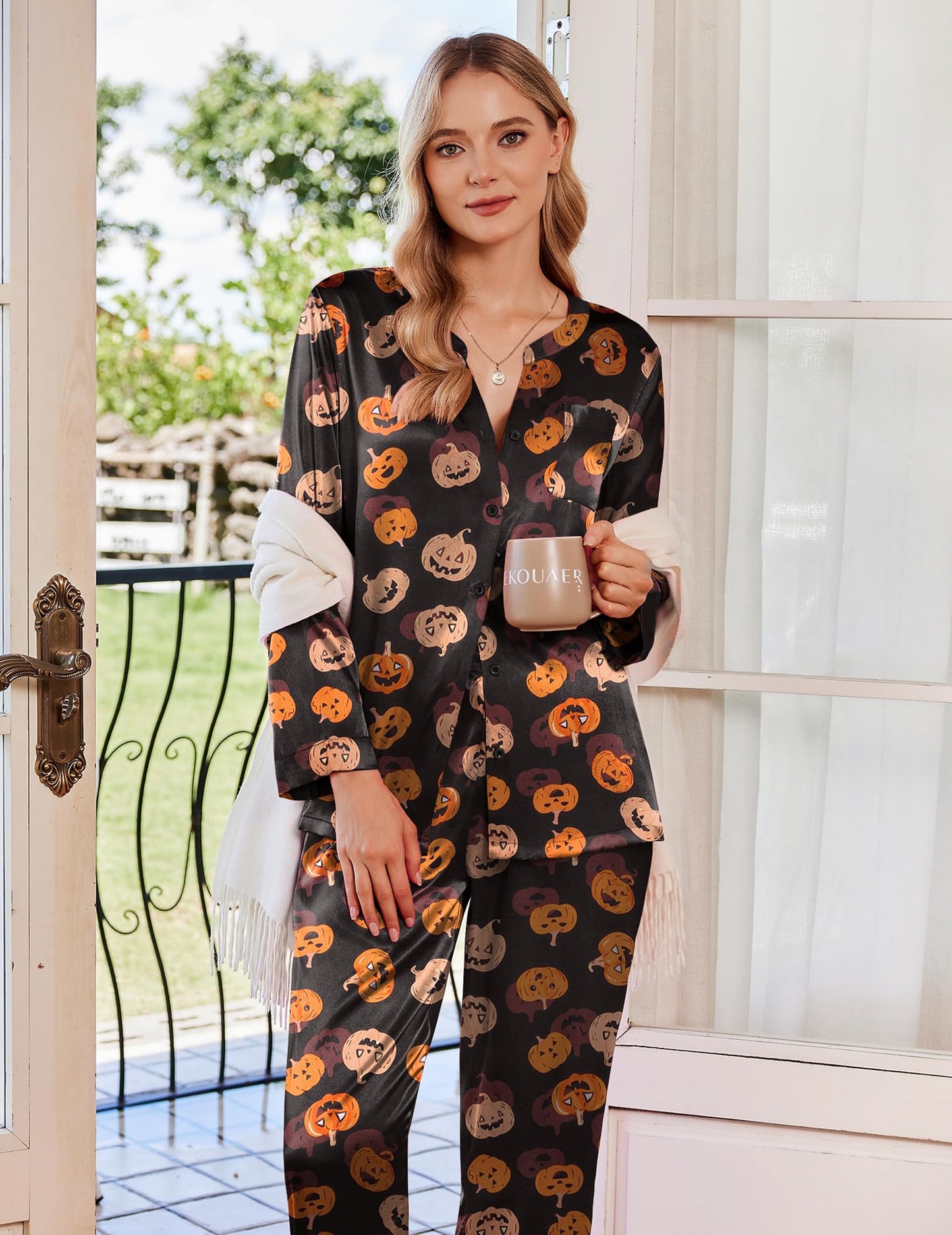 Ekouaer Silk Pajamas For Women 2 Piece Set Satin Pjs Long Sleeve Button Up Sleepwear Comfy Lounge sets