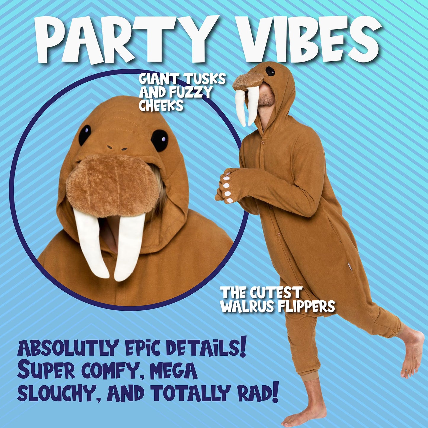 Funziez! Adult Onesie Halloween Costume - Animal Dinosaur Shark - Unisex Plush One Piece Cosplay Suit for Adults, Men and Women (Large, Walrus)