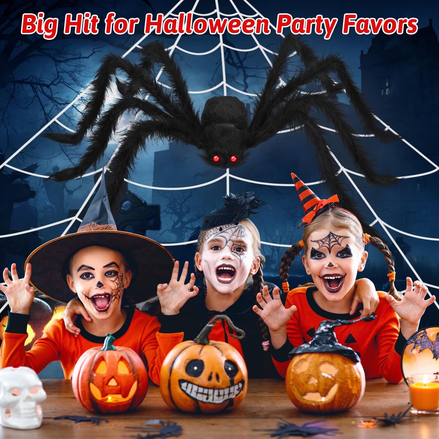 EZIGO 212'' Triangular Huge Halloween Spider Web 49" Giant Fake Spider for Outdoor Halloween Decorations with Stretch Cobweb, halloween Party Supplies for Indoor Home Yard Haunted House Décor