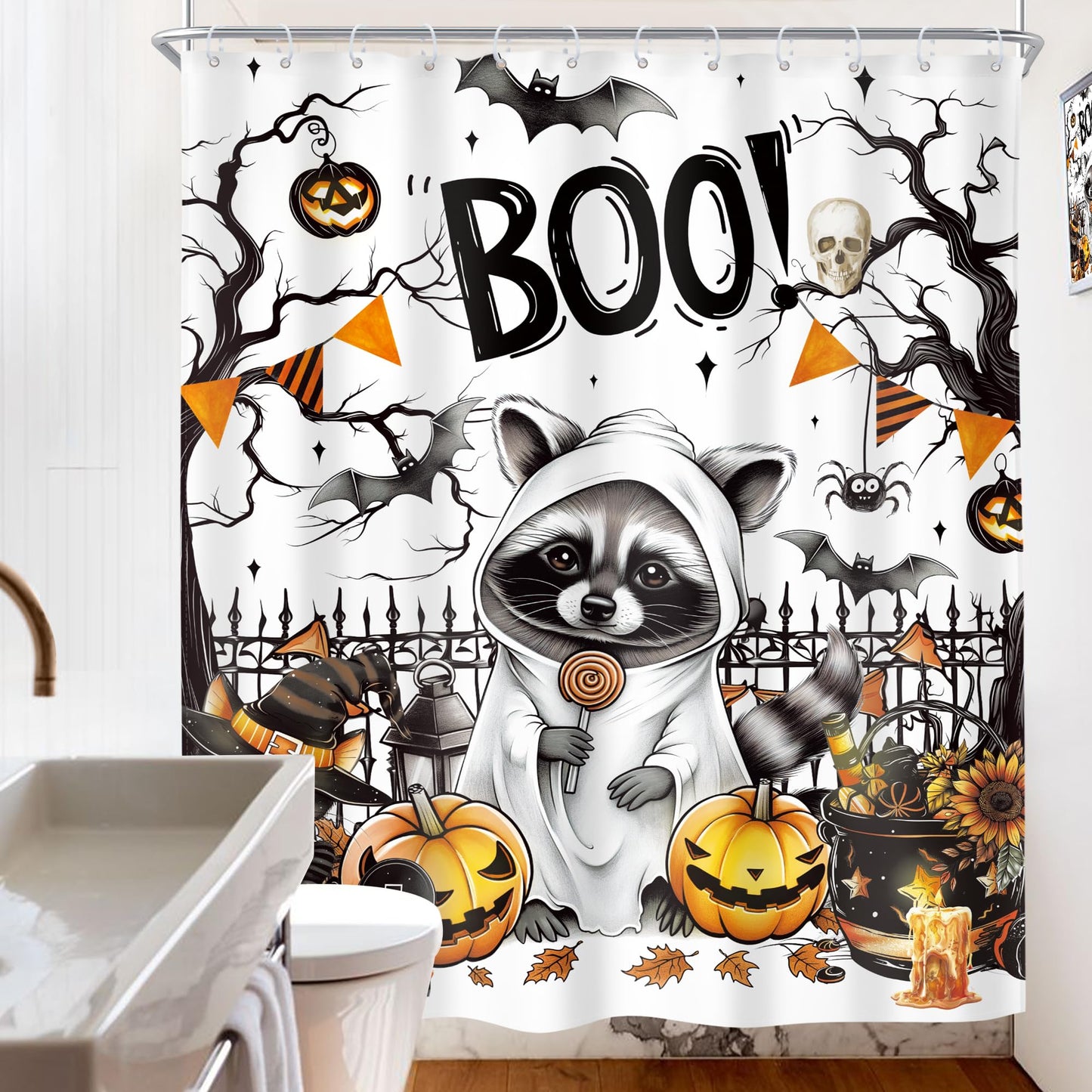 Riyidecor Funny Raccoon Halloween Shower Curtain Cute Pumpkin Sunflower Ghost Spooky Bat Black Cat Animal Leaves 60Wx72H Inch Tree Fence Cool Fabric Decor Bathroom Polyester Waterproof 12 Pack Hooks