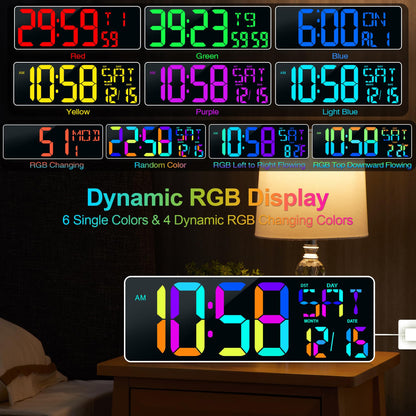 Large Digital Wall Clock Large Display 17.2" Big Digital Timer with 9 Groups Timer Remote Control for Gym Classroom 10 Colors Available for LED Wall Clock with Temperature Date Week DST Dynamic RGB