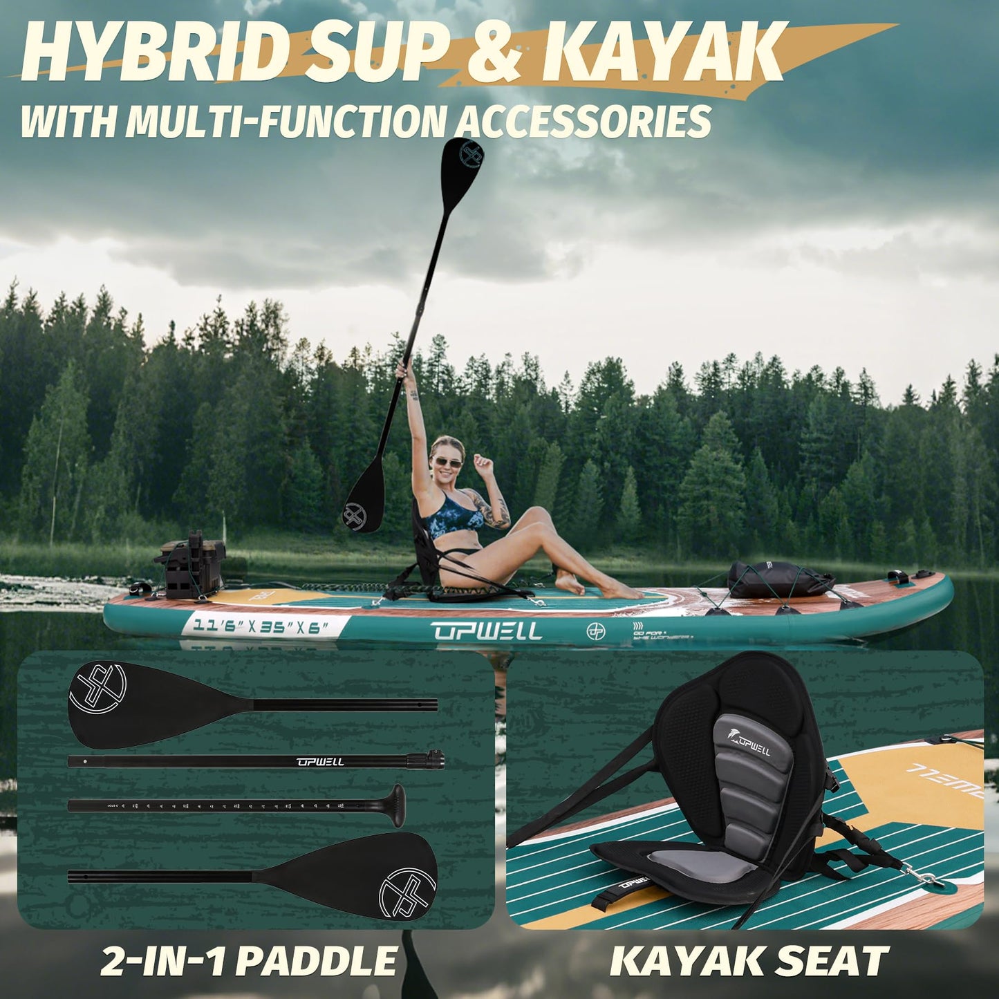 UPWELL 11'6"×35" Extra Wide Inflatable Paddle Board, Stand Up Paddle Board with Kayak Seat, Sup Paddle Boards for Adults, Sequoia Green