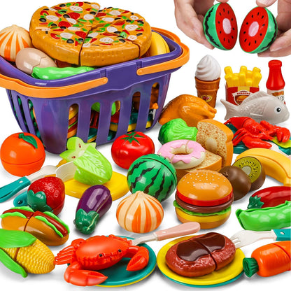 42 Items 87 Pcs Cutting Play Kitchen Set for Kids, Pretend Cooking Fruit &Vegetables&Fast Food with Storage Basket, Fake Food Toys for Toddler&Baby, Educational Gift for Girls Boys Children Birthday