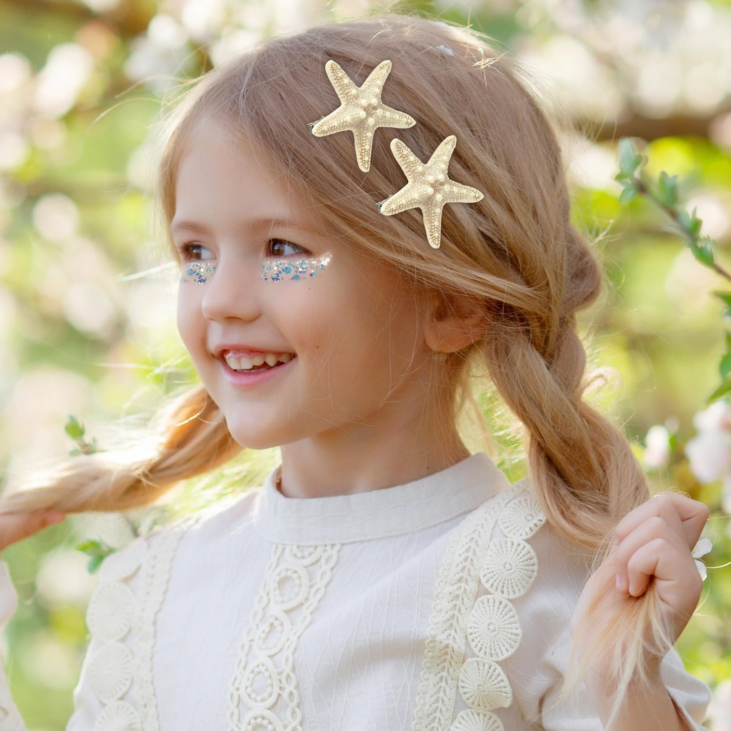Gofriipai 2 Pcs Starfish Hair Clip with Face Glitter Body Glitter, Mermaid Hair Clips Accessories for Women and Girls, 2 in 1 Accessory Sets for Mermaid Halloween Beach Costume