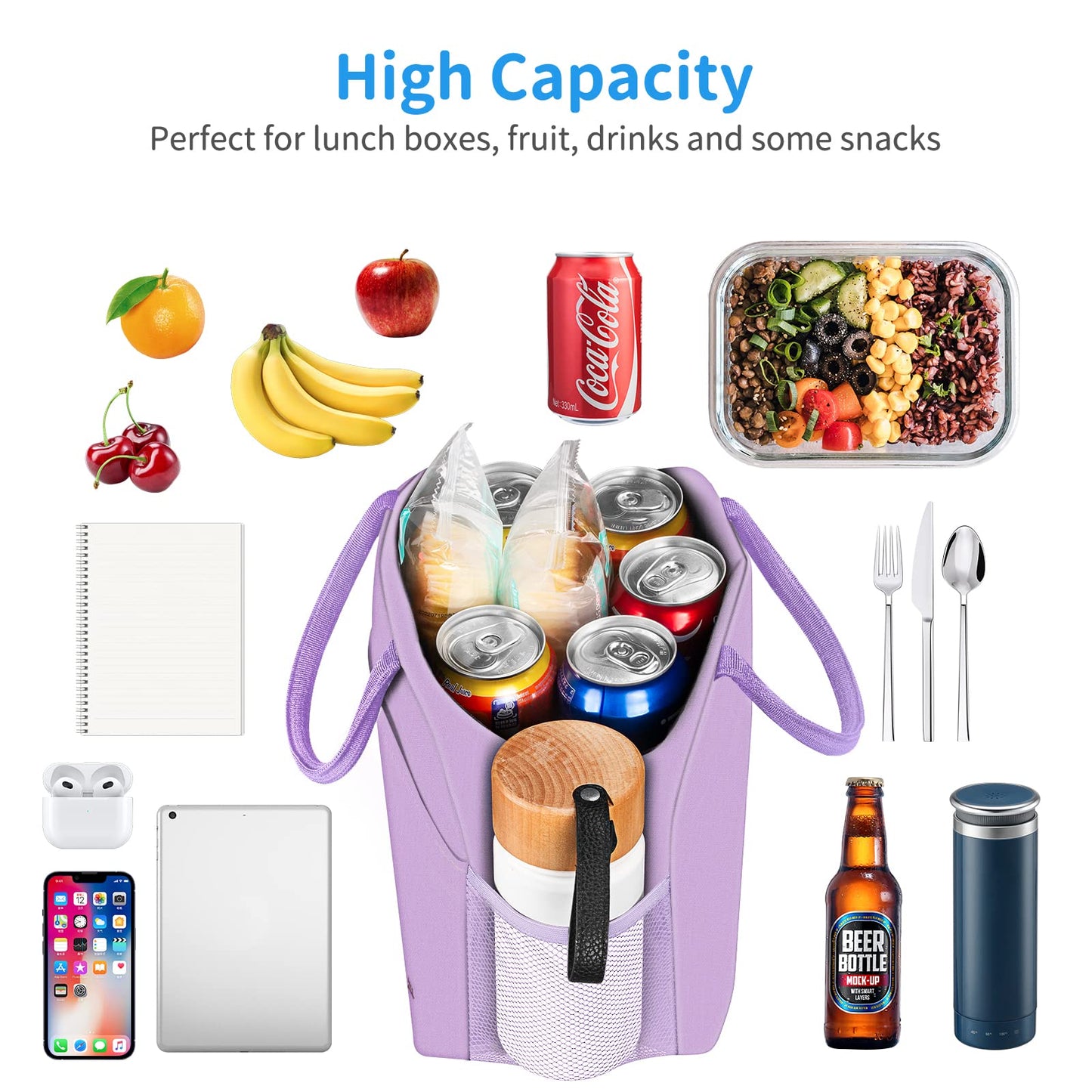 DALINDA Lunch Bag Lunch Box for Women Men Reusable Insulated Lunch Bags for Adults,Leakproof Cute Cooler Lunch Tote Bag, Large Capacity for Work Travel Picnic,Purple