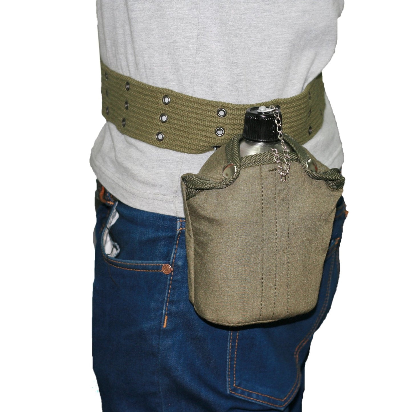 DARTMOOR G.I. Army Stainless Steel Canteen Military with Cup and Green Nylon Cover Waist Belt for Camping Hiking Climbing (Cup with Foldable Butterfly Handle)