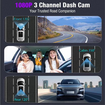 3 Channel 4K Dash Cam with 5GHz WiFi & APP Control, 4K/2.5K+1080P+1080P Front Inside and Rear, Triple Dash Camera with 64GB Card, G-Sensor, 24 Hours Parking Mode, Loop Recording, Night Vision