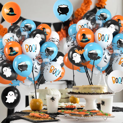 Halloween Balloons,12 Inch Blue Black and Orange Balloons with Boo,Ghost,Hat,Bat Design for Halloween Baby Shower Birthday Wedding Engagement Gender Reveal Party Decorations