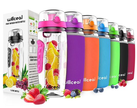 Fruit Infuser Water Bottle 32oz Willceal- Durable, Large - BPA Free Tritan, Flip Lid, Leak Proof Design - Sports, Camping (Pink)