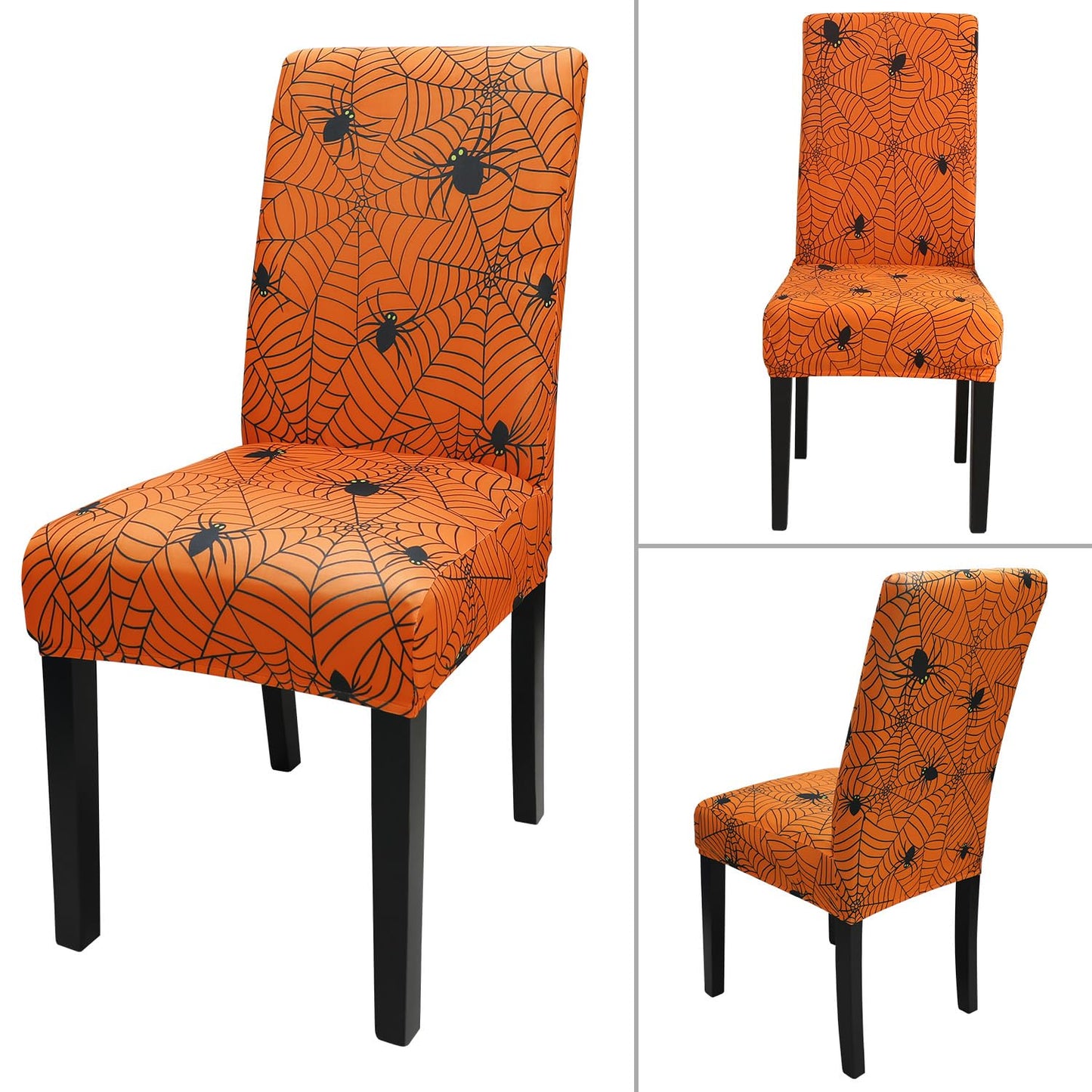 JQinHome Halloween Orange Dining Chair Slipcover, Spider Web Chair Covers Set of 4 ，High Stretch Washable Chair Protector Cover for Dining Room, Kitchen,Home Party,Wedding Ceremony(Orange, 4PC)