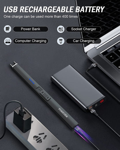 FUKKUDA Electric Candle Lighter with Safety Switch - USB Rechargeable Windproof & Flameless Plasma Arc Lighter for Easter Basket Stuffers (Obsidian Black)