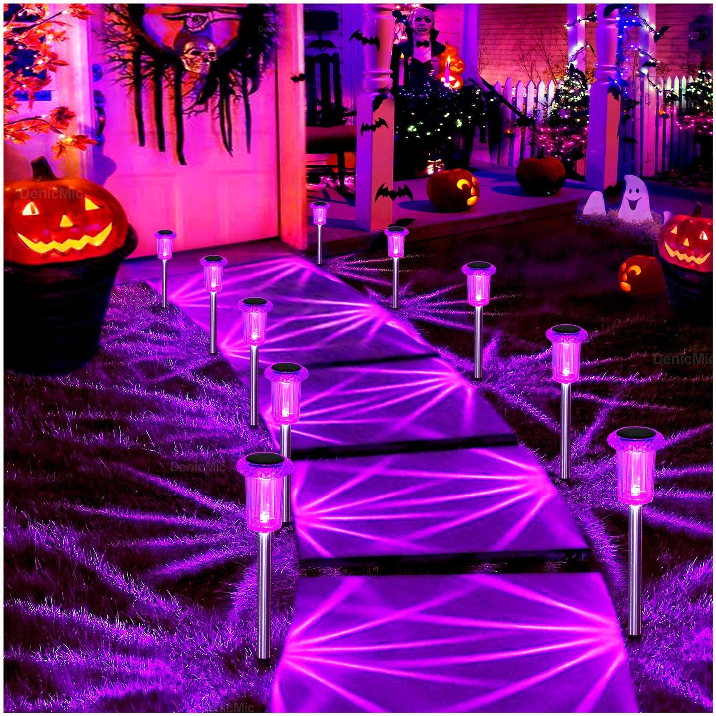 DenicMic Halloween Solar Lights Outdoor 10 Pack Purple LED Waterproof Yard Garden Patio Backyard Pathway Walkway Landscape Path Lawn Outside Halloween Decorations Outdoor