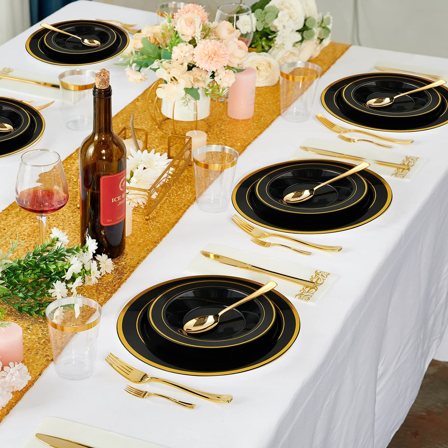 JOLLY PARTY 50PCS Black Plastic Bowls with Gold Rim-12oz, Christmas Thanksgiving Premium Disposable Soup Dessert Salad Bowls for Wedding/Party/Halloween