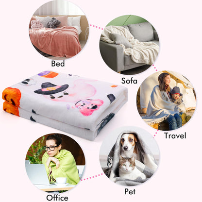 Halloween Throw Blanket Gifts, Pink Pastel Cute Ghost Pumpkin Witch Hat Soft Cozy Comfy 50 x 60 Flannel Blanket, Gift for Girls Kids Friends or Halloween Lovers