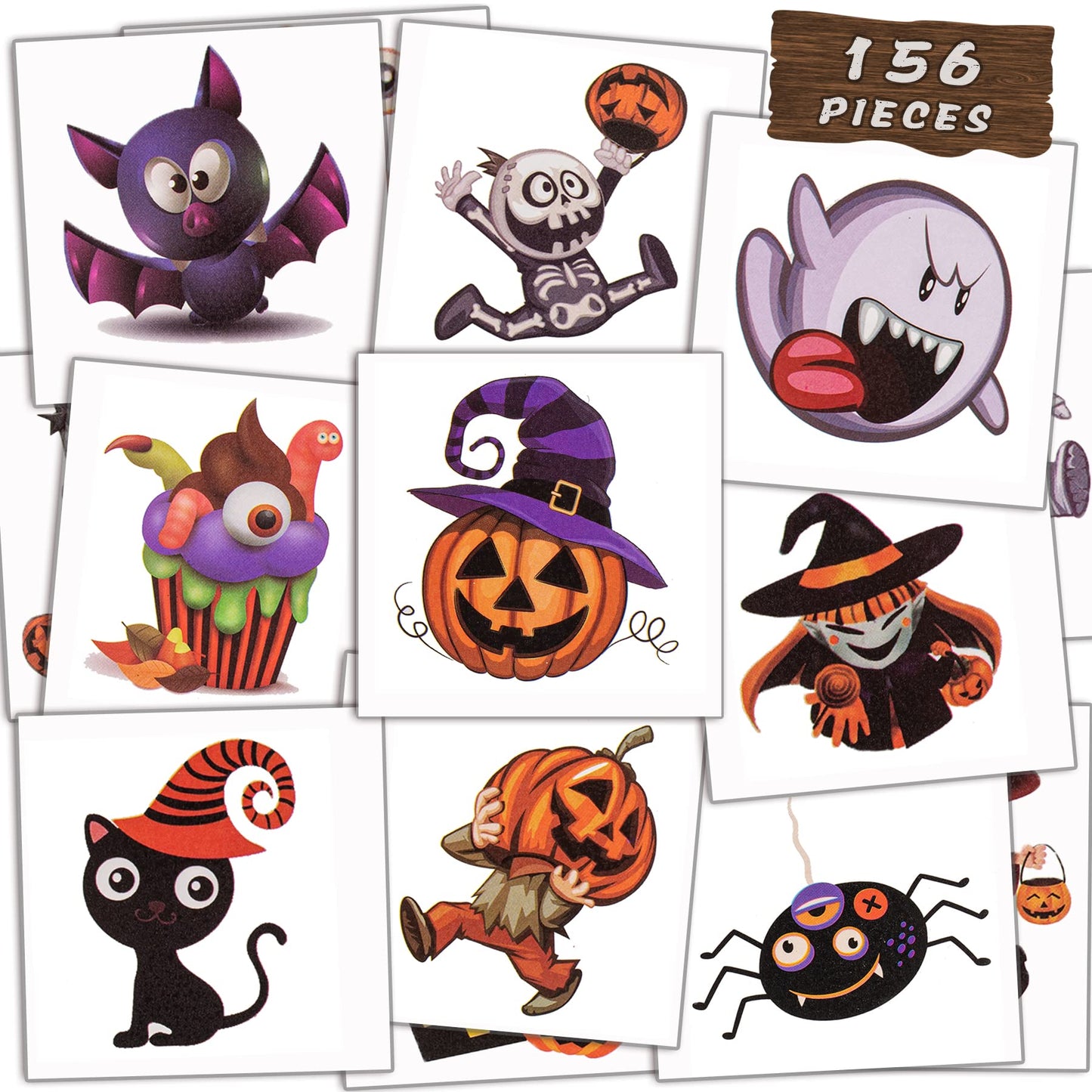 156 PCS Halloween Temporary Tattoos for Kids in 52 Unique Designs - 2 Inch Bulk Halloween Assorted Waterproof Fake Pumpkin Temp Tattoo Sticker for Boys Girls Goody Bag Stuffers Prizes Party Favors