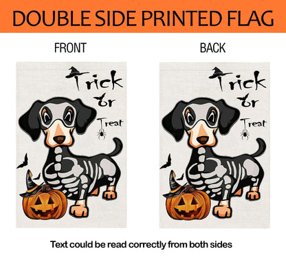 Halloween Trick or Treat Garden Flags 12x18 Double Sided, Ghost Dog Yard Flag for Outside Decor, Holiday Dachshund Skeleton Outdoor Decorations for Home